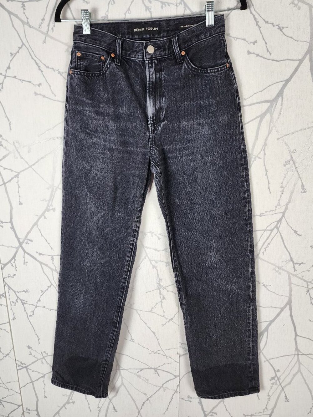 Denim Forum Black Wash Rigid Denim Marlo High Rise Loose Jeans